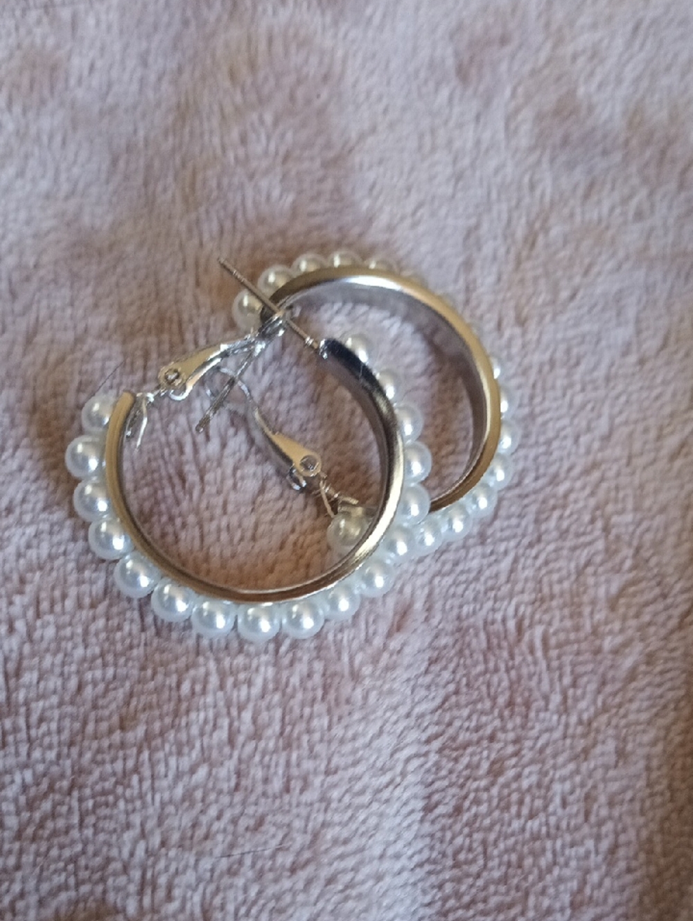 Silver Hoop Earrings with White Pearl Trim - Women Jewelry